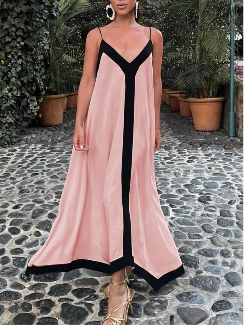 COMMENSE Pink Black Kaftan Slip Dress NWT
